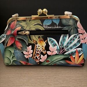 Anuschka Jungle Hand-Painted Leather Kiss Lock Clutch Crossbody Shoulder Purse
